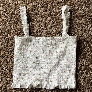 Ribbed scrunchie strap tank top with floral pattern